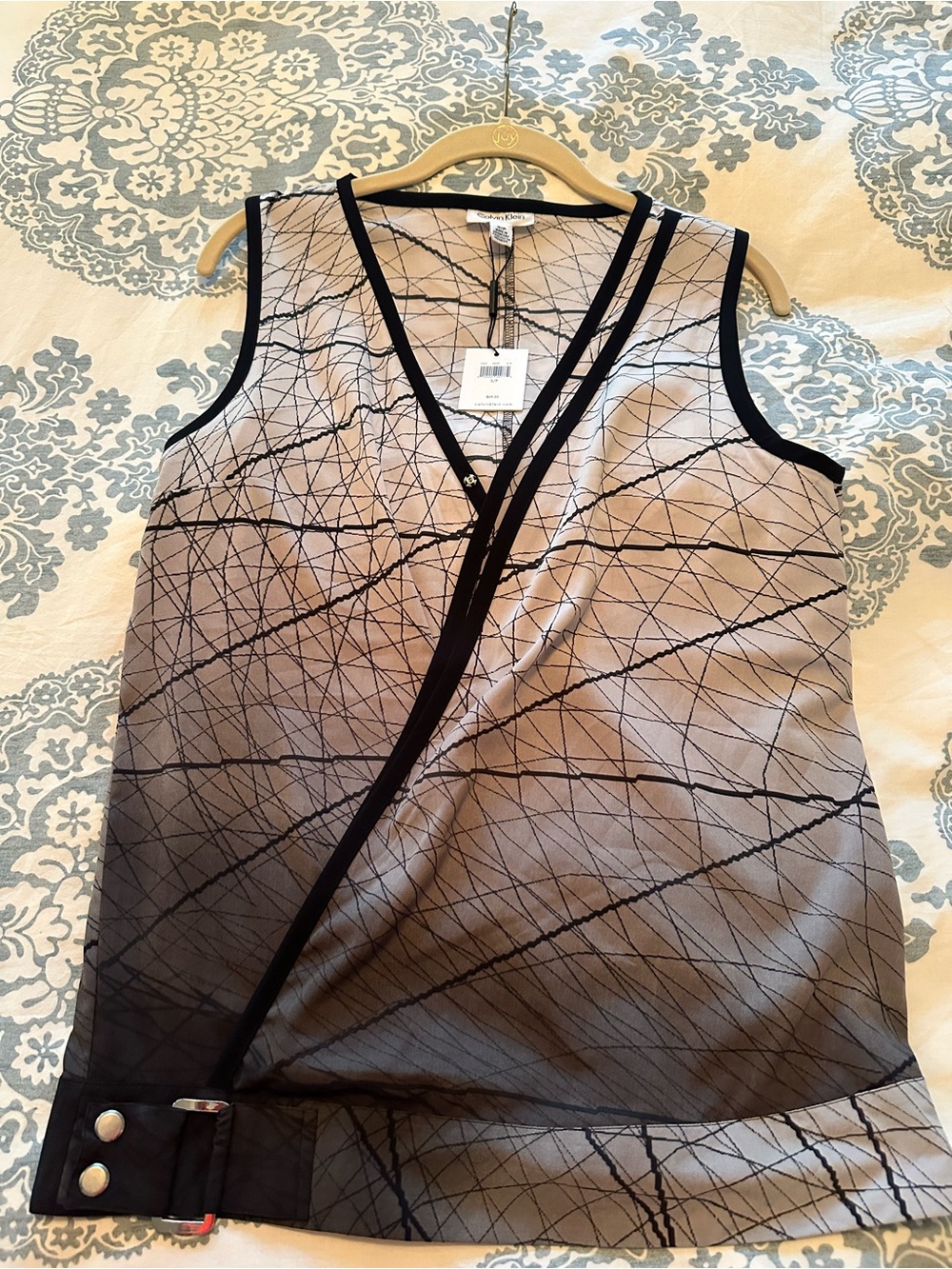 NWT Calvin Klein Taupe and Black Wrap-Style V-Neck  Polyester Blouse size S